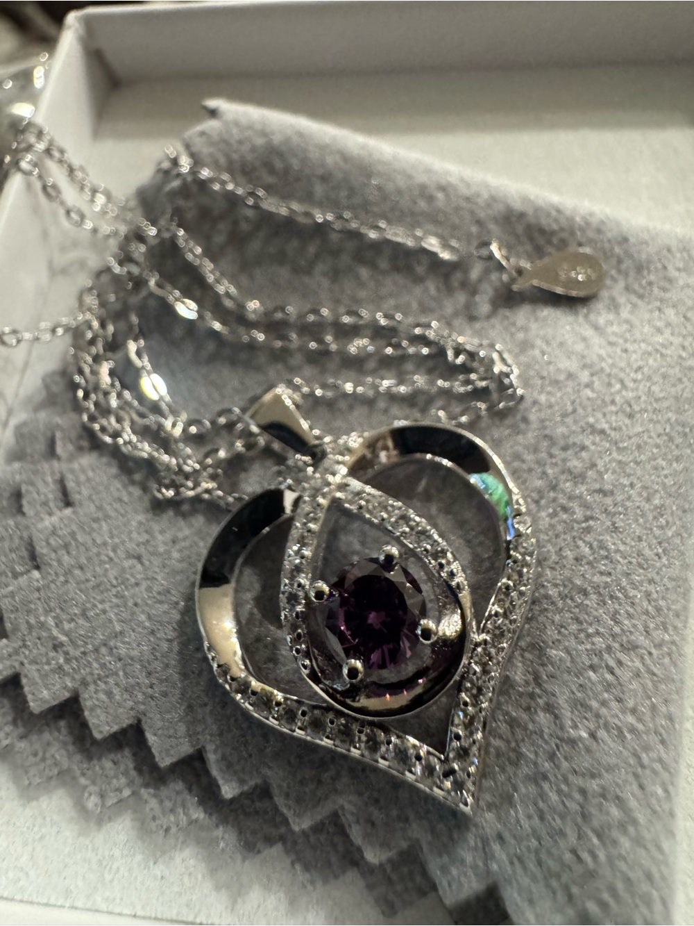 Silver Heart Pendant Necklace with amethyst Gem